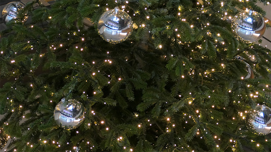 Die AKNW wünscht schöne Festtage 2025! Ausschnitt eines Tannenbaums mit Lichtern und silbernen Weihnachtskugeln.